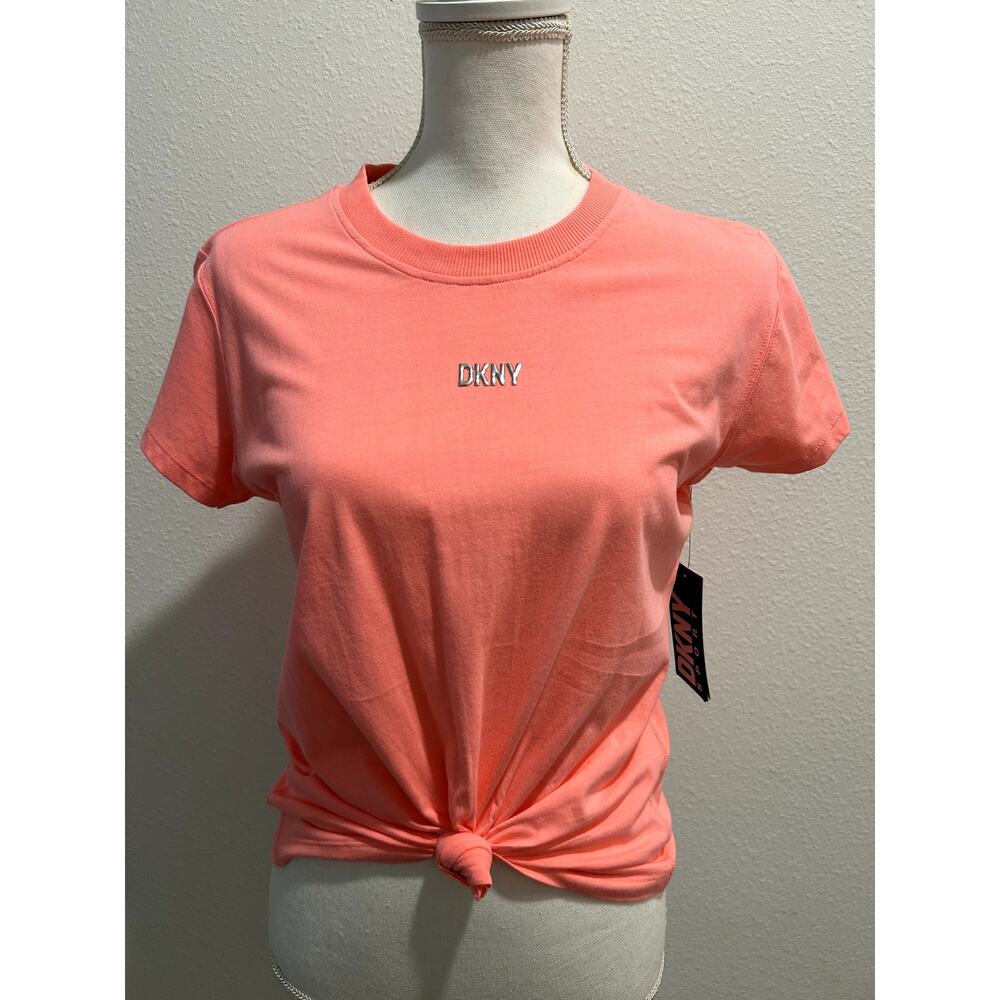 DKNY Sport Womens Cotton Stud Logo Knot Front T-Shirt Tee Top Sz XS 100% Cotton